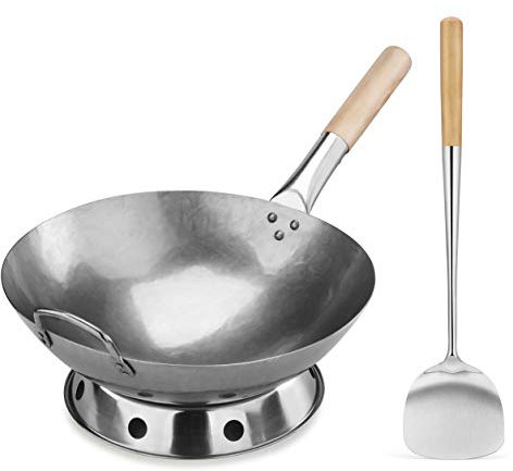 New Star Foodservice Carbon Steel Wok Set - 14 Round Bottom, Hand Hammered With Wood and Steel Helper Handle, Includes Rack/Ring and Spatula (Hand Wash Recommended)