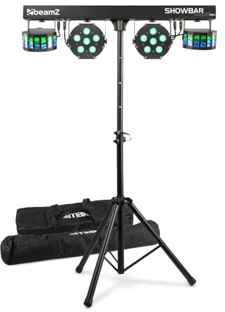 BeamZ SB02 Discolicht Partylicht mit Stativ, Lichtanlage ShowBar mit integriertem Akku, Lichtanlage musikgesteuert, 2 Derby-Lichteffekten, 2 PAR-Kannen, Fernbedienung - Schwarz