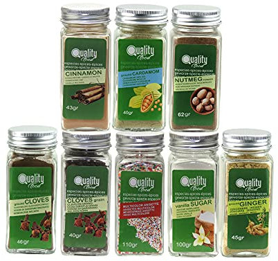 Pack de especias Dulces. Ideal para regalo y uso diario. 8 Tarros de cristal, reutilizables. Canela, Nuez Moscada, Clavo Molido y en Grano, Jengibre, Cardamomo, Azúcar Vainillado, Maná de Colores