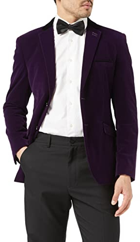 Mens Soft Velvet Blazer Slim Fit Vintage Casual Smart Black Trim Dinner Jacket [Purple,Chest UK 40 EU 50]