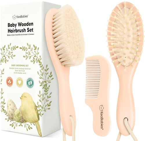 Baby hårborste och baby kam set – babyborstset för nyfödda, hårborste för småbarn, trähårborstar och kamar, gethårborste, hårborste för spädbarn, borste för vagga (vala, persika)