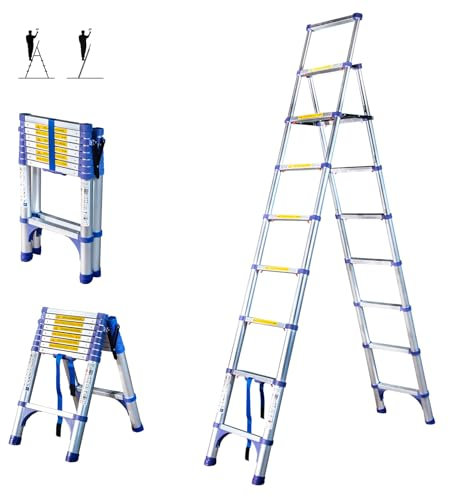 Scala telescopica a 9 gradini EXTENDACT9, Scala telescopica 2,6m+2,3 m, scala pieghevole telescopica, Alt. max lavoro 4,1m, Garanzia 5 anni, Hostrom