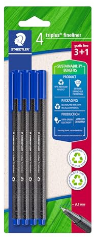 Staedtler - Triplus fineliner 334 - Blister 4 feutres triangulaires - Pointe superfine 0,3 mm bleus - En plastique 97% recyclé - 334 R-3BK4