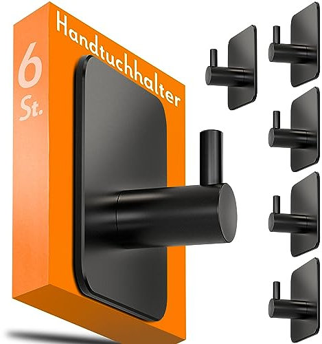 4smile Handtuchhalter ohne Bohren, schwarz - 6er-Set Badezimmer Handtuchhalter, Klebehaken aus Edelstahl, wasserfeste Haken für Bad, WC, Küche - Hochwertige Haken selbstklebend, Handtuchhaken