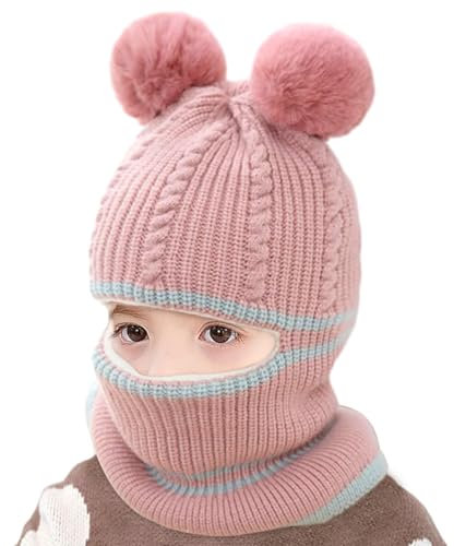 Aoreun Kleinkind Baby SchalMütze warm gefüttert, Pom Wintermütze für Mädchen und Jungen Babymütze Strickmütze mit Bommel Mädchen Jungen Warm Fellbommel Beanie Hüte für 2-7 Jahre - Rosa