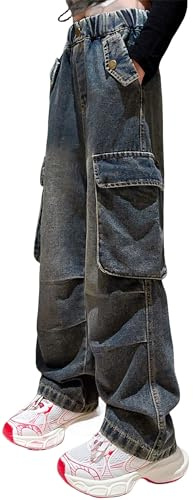 Happy Cherry - Kids Girls Washed Distressed Jeans Retro Denim Cargo Pants Baggy Ripped High Waisted Wide Legs Jeans Y2K Loose Casual Vintage Streetwear for Teen Children 10-11 Years