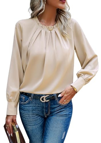 Atxnn Blusas Mujer Elegantes Camisas de Gasa Tops con Cuello Redondo Plisado Delantero Camisetas de Trabajo de Manga Larga, Caqui Pequeño