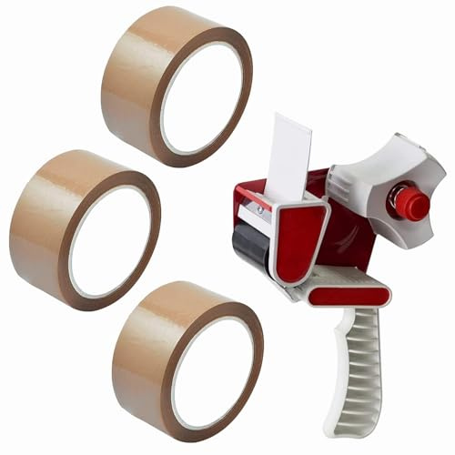 Bargain House Heavy Duty Packing Tape with Dispenser - Tape Gun for Parcel Boxes or General Purpose - Packaging Tape Rolls for Moving House, Sealing Parcel Boxes, 48 mm x 80 mm (Brown, Pack of 3)