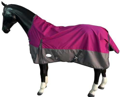 Equitack 600D Regendecke Pferd, 155cm | Highneck Pferdedecke mit Fleece Lining | wasserdichte Outdoordecke Pferd | Raspberry/Grau