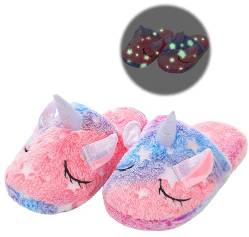 WAFUNNE Pantuflas de unicornio para niños que brillan en la oscuridad, zapatos luminosos para interiores, Pink, 30/31 EU