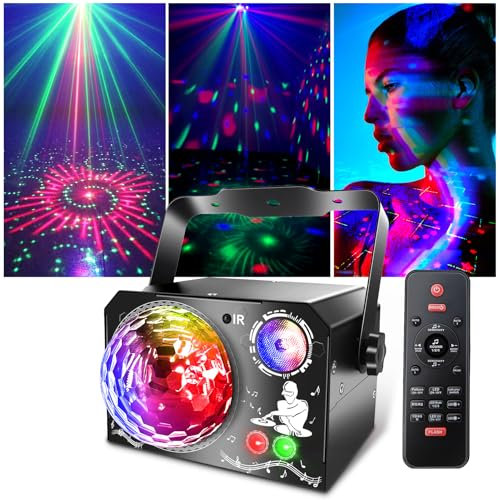 Fwiull - Lampada da palco 4 in 1, luce da discoteca con telecomando e strobo, 65 effetti luminosi RGB & UV, USB luminosa palla da discoteca musica comando vocale, ideale per feste, Halloween, Natale,
