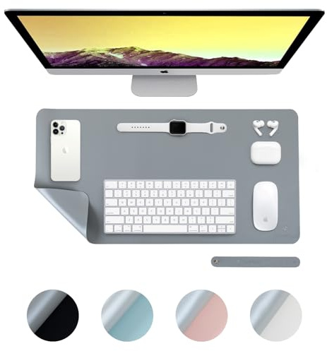DesireTech Reversible Office Desk Mat Small, Dual-Sided, Waterproof Faux Leather Table Surface Protector Desk- Laptop Mat & Mouse Pad for Home & Office - 35 x 60cm (Grey/Silver)