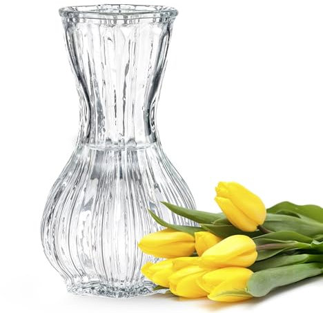 Wrenbury Lily Glass Ribbed Vase for Flowers 15cm - Daffodil Posy Container for Bouquets - Clear Glass Bud Vase for Tulips - For Classic Table Decor