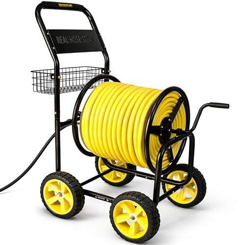 Real Hose Storage Carrete de manguera de jardín, carrete de manguera resistente con ruedas, organizador de manguera de agua al aire libre para patio, jardín o césped, carrito de manguera de metal con