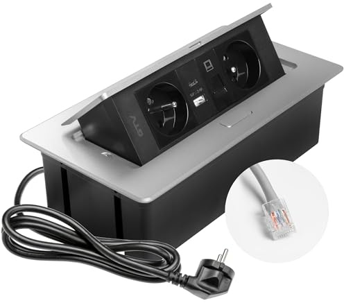 GTV – Inbyggt uttag MULTISOFT aluminium med 2 x uttag med jordning, USB A+C, RJ45, infällbar med lock, 1,5 m kabel, för kök, kontor, konferens- och arbetsbord