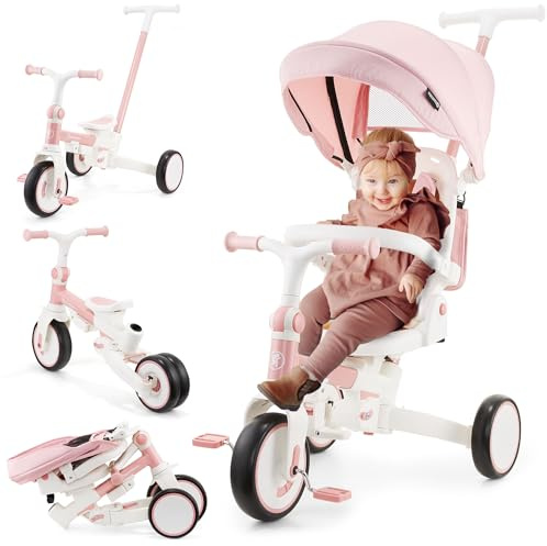 HyperMotion Tricycle évolutif 8 en 1 bébé – siège pivotant 360°, Roues EVA increvables, Pliable, Confortable et sécurisé – Tobi Forest