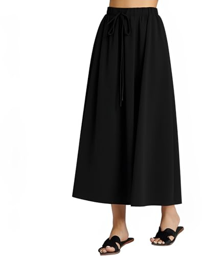 Maxi Long Skirts for Women UK Midi Boho Summer Skirts Elasticated Waist Floral Leaf Pattern Bohemian Pleated Pocket (UK, Alpha, M, Regular, Regular, Black)