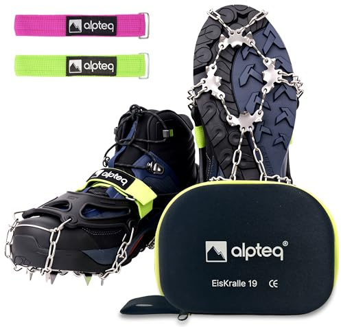 Alpteq Isklo – Grödel stegjärn med 19 dubbar i rostfritt stål – iklor och skodubbar för vandringsskor – halkfria skoklamrar för is och snö – perfekt för vandring, jogging och klättring på vintern