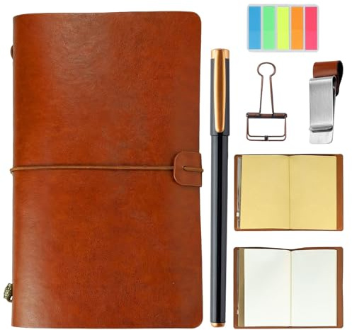 SIMDAO Carnet de voyage A6 en cuir synthétique vintage avec stylo, 3 carnets rechargeables, porte-stylos, pinces à reliure, poches de rangement, carnet pour homme et femme