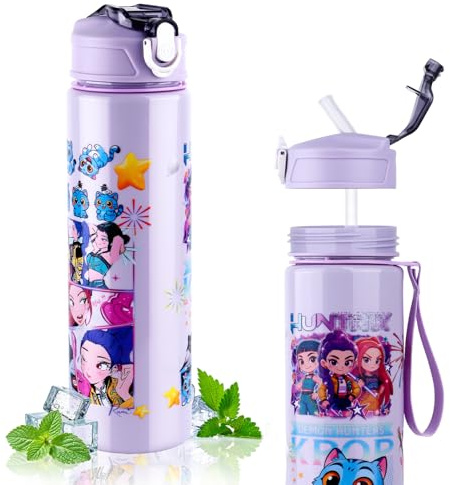 Vilntrosia K-popS - Borraccia da 700 ml con cannuccia, double-face, motivo cartone animato, per ragazze e ragazzi, a prova di perdite, con manico, per scuola, campeggio, viaggi, feste