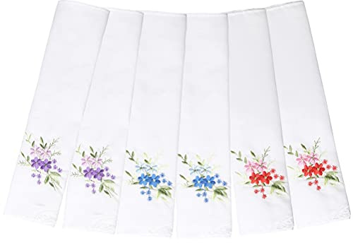 pengxiaomei 6 Pieces Women's Handkerchief, 100% Cotton 27X27cm Floral Embroidery Lace Ladies Handkerchiefs