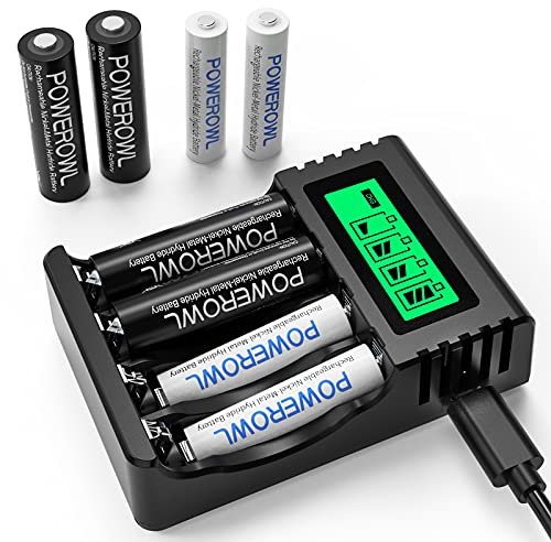 POWEROWL Cargador Rápido de Pilas con 4 Piezas AA 2800mAh Pilas Recargables y 4 Piezas AAA 1000mAh Ni-MH Baterías Recargables