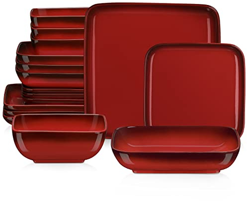 LOVECASA 'Vibri', 16-Piece Stoneware Dinner Set with Gradient Red Plates and Bowls