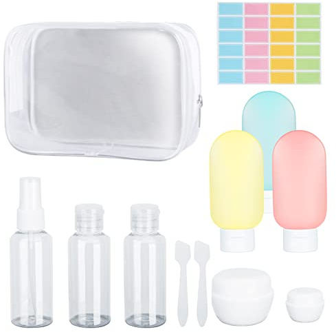 Darbermu Travel Bottles Set - 12 Pack Leak Proof Refillable Squeezable Containers with Spray Bottles, Pots for Toiletries, Lotion, Cream, Shampoo (60ml)