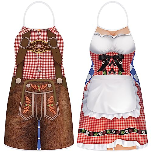 Hillban 2 Pcs Oktoberfest Aprons Women Mens German Apron Oktoberfest Costume for Couples Cooking BBQ Party Favor Gifts(Cute Style)
