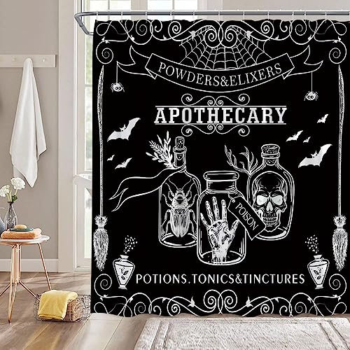 NYDSZNE Tenda da doccia per Halloween, nera, gotica, teschio, mano psichica, spettrale, Ouija, chiromanzia, strega, boho, horror, pipistrello, ragno, misterioso, decorazione per il bagno, tenda in