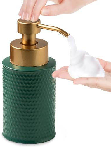 Foam Soap Dispenser with Refined and Vintage Emboss, Ceramic Hand Soap Dispenser for Bathroom (Dark Green)