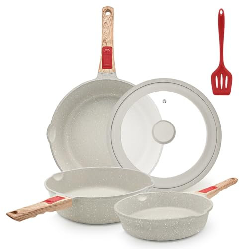 AIKENBBKK Pfannenset 5-teilig, Pfanne 20/24/28 cm mit abnehmbaren Griff Antihaft-Beschichtete Bratpfannenset mit Deckel, Geeignet für alle Herdarten, Backofenfest (Weiß)