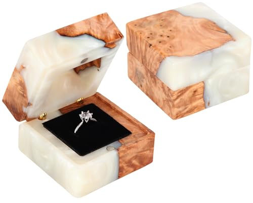 Loongresinwood Handmade wooden wedding ring box - engagement ring holder with magnetic clasp - vintage wooden jewelry storage box for couples - single-slot design