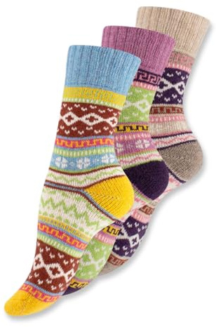 Wonky Line Lot de 3 Chaussettes en Laine Nordic Thermiques Rembourrées Femme Homme – Chaussettes Hiver Chaudes Douces Respirantes Motif Scandinave – Cadeau Noël - Mix-1-35-38