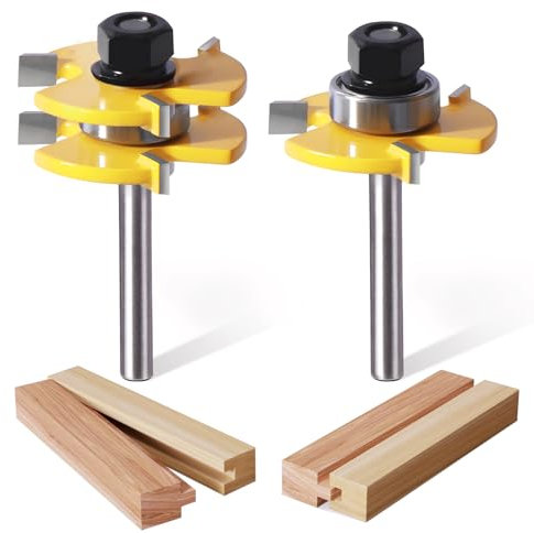 Set di 2 punte per fresa a linguetta e scanalatura, gambo da 1/4, 3 denti regolabili a forma di T, punte per fresa per legno, punte per fresa per sega, punta per fresa a codolo, punta per router a