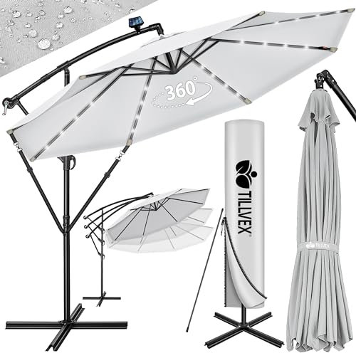 tillvex 350 cm Sombrilla Excentrico con 32 Luces LED Solar | Parasol para Terraza Jardín Balcón Patio | con Manivela y Base en Cruz, Giratorio 360º, Protección UV