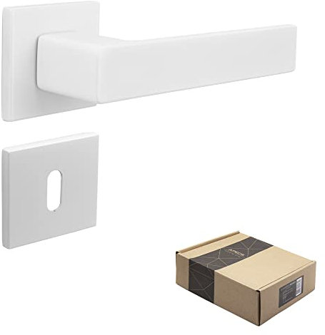 APECS Tirador de puerta interior moderno para puerta de casa y puerta interior con rosetas cuadradas, color blanco mate, juego de manillas con material de fijación, herrajes para puerta modelo Reglus