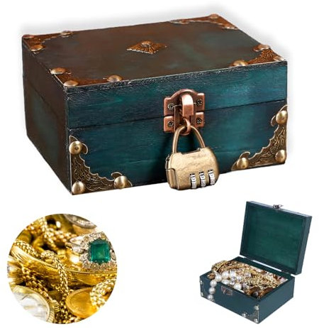Vintage Holz Schatztruhe, 15 x 7,5 x 12cm Hölzerne Schatztruhe mit Schloss, Aufbewahrungsbox aus Holz mit Deckel, Zahlenschloss, Piratenkiste für Schmuck, Spielzeug, Dekorationen und Geschenke(Grün)