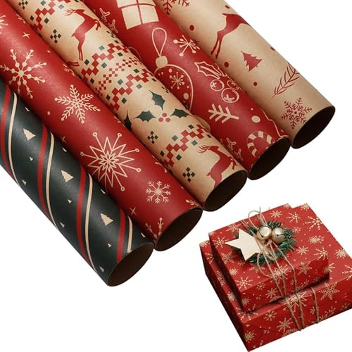 Julklappspapper 5 rullar 70 x 50 cm, snöflingor, ren jul presentförpackning