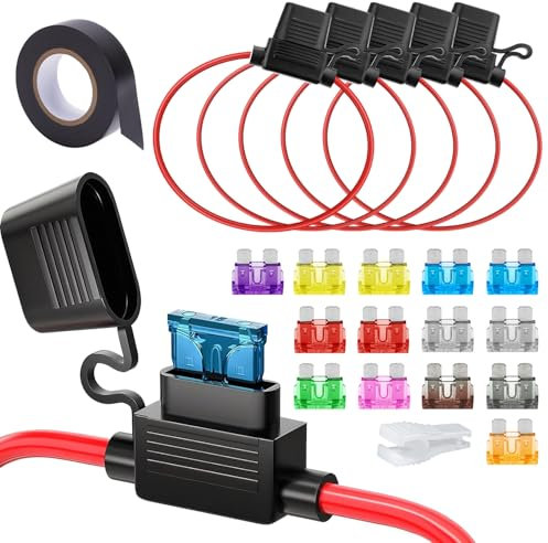5pcs 12/16AWG Sicherungshalter mit Draht für Autos, 12V Inline Auto Flachsicherungshalter, Wasserdichter Kfz Sicherungshalter mit 14-teiligen Standard Flachsicherungen (2A 3A 5A 7.5A 10A 15A 20A 25A 3