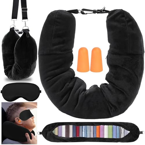 KufaerBeam Cuscino imbottito per il collo, cuscino da viaggio tappabile per aereo e viaggi, cuscino per il collo a forma di U, cuscino cervicale multifunzionale con maschera per gli occhi e tappi per