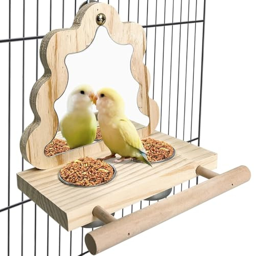 Kathson Parrot Perch with Mirror and Stainless Steel Feeding Cups Stainless Steel Parrot Bowls Food Water Bowls with Bird Food Holder for Cockatiel Parakeet Macaw Finches Lovebirds