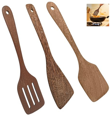 3 stycken stekspade trä, träspatlar för matlagning tål höga temperaturer, långt handtag nonstick träspatel med ådring, kattspatel set för skydd mot repor mot stekpanna, antibakteriell