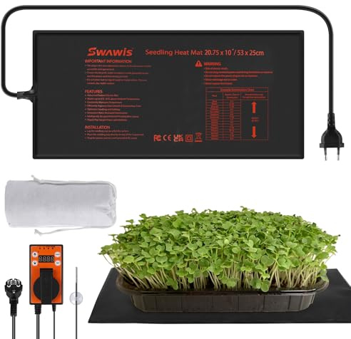 SWAWIS 65W Tappetino Riscaldante per Piante con Termostato 52.7x25.4cm, Intervallo di Controllo della Temperatura 5-42 ℃, IP67, per Germinazione dei Semi Rettili(Separato Termostato)