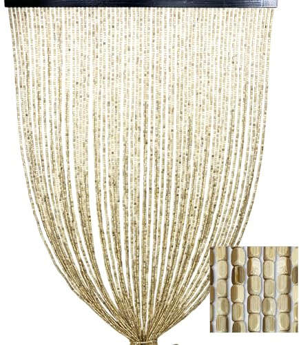 Tex family Cortina de cuentas de madera beige hecha a mano Naturaleza – Hilos de bambú 100% natural – Barra negra – Uso interior – Decoración puerta y separador – 100 x 220 cm