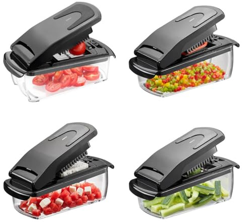 GEFU Taglierina per dadi e penne, con contenitore, 3 inserti per cubetti, penne e dischi, lame in acciaio inox, antiscivolo, 1000 ml, lavabile in lavastoviglie