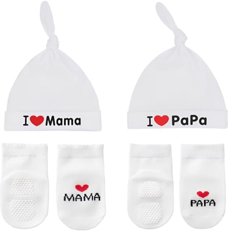 ZORVYN Lot de 2 Bonnets pour Nouveau-nés et Chaussettes, Bonnets « J'aime Maman et Papa », Unisexes en Coton, Cadeaux de Naissance et de Noël (0-3 Mois)