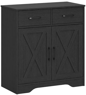 Panana Wooden Storage Cabinet Rustic Organizer for Living Room Kitchen Free-Standing 2 Doors 2 Drawers Hallway Farmhouse Style (Black)