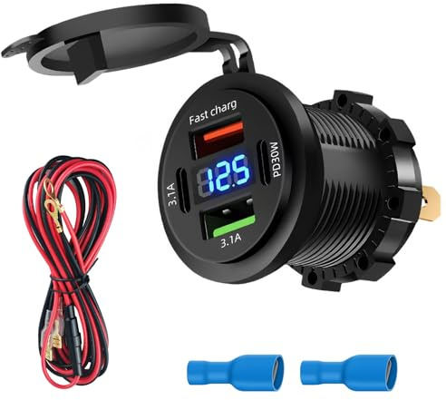 4 Puertos Toma USB de 12V Cargador de Coche, Rapida Doble PD3.0 y QC3.0 USB C Enchufe Impermeable Mechero con Led Voltímetro Interruptor Múltiples Puertos para Barcos Autocaravanas Camiones Motos