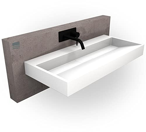 BERNSTEIN - Vasque Lavabo Rectangulaire à poser/suspendre Blanc mat 120x46x15cm Lave main Marbre coulé + Cache bonde sans trou robinet - Design, Robuste & Durable - BS6001